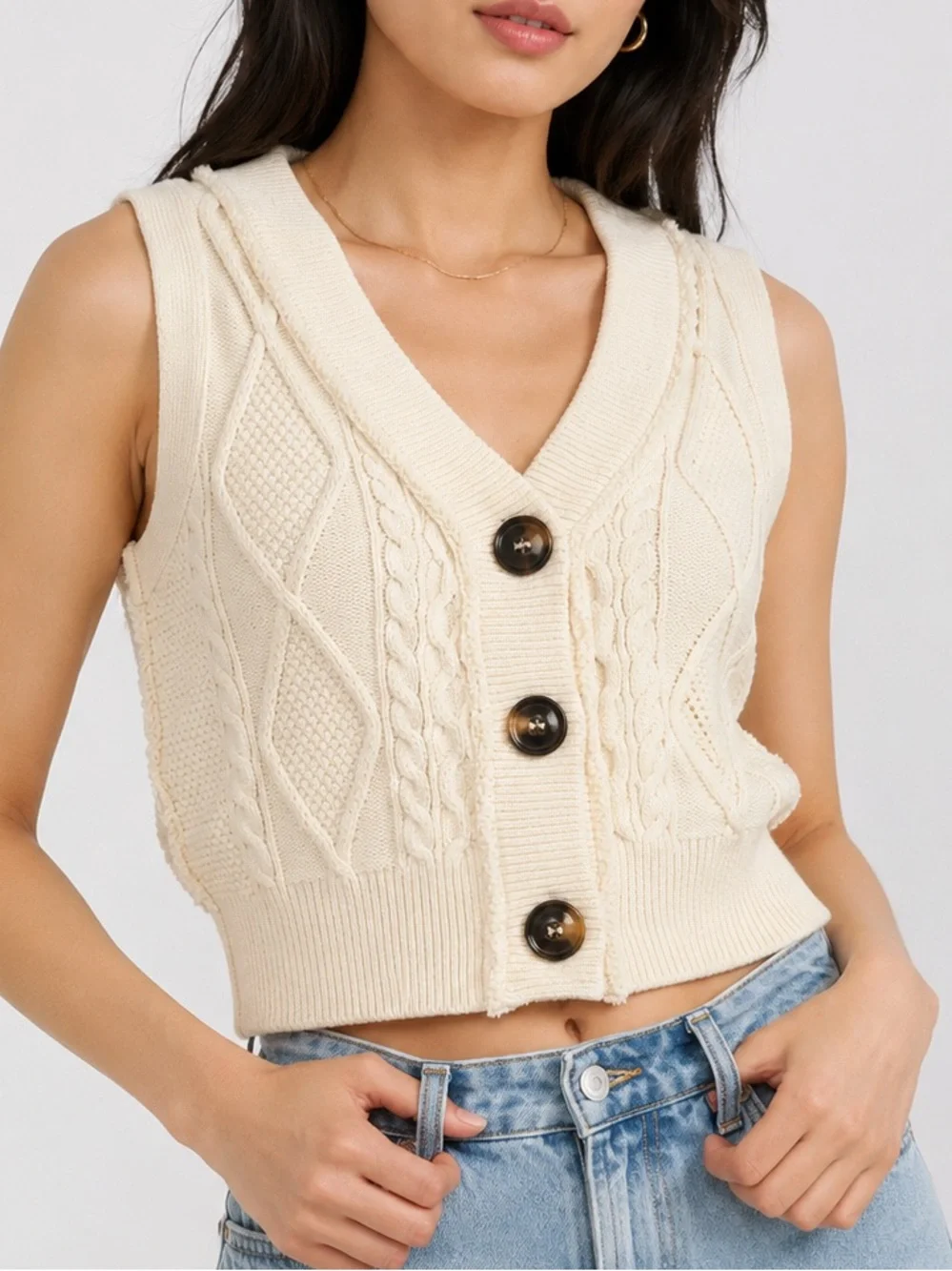Free People Denson Cropped Sweater Vest M‎ Ivory Cable Knit Button Front